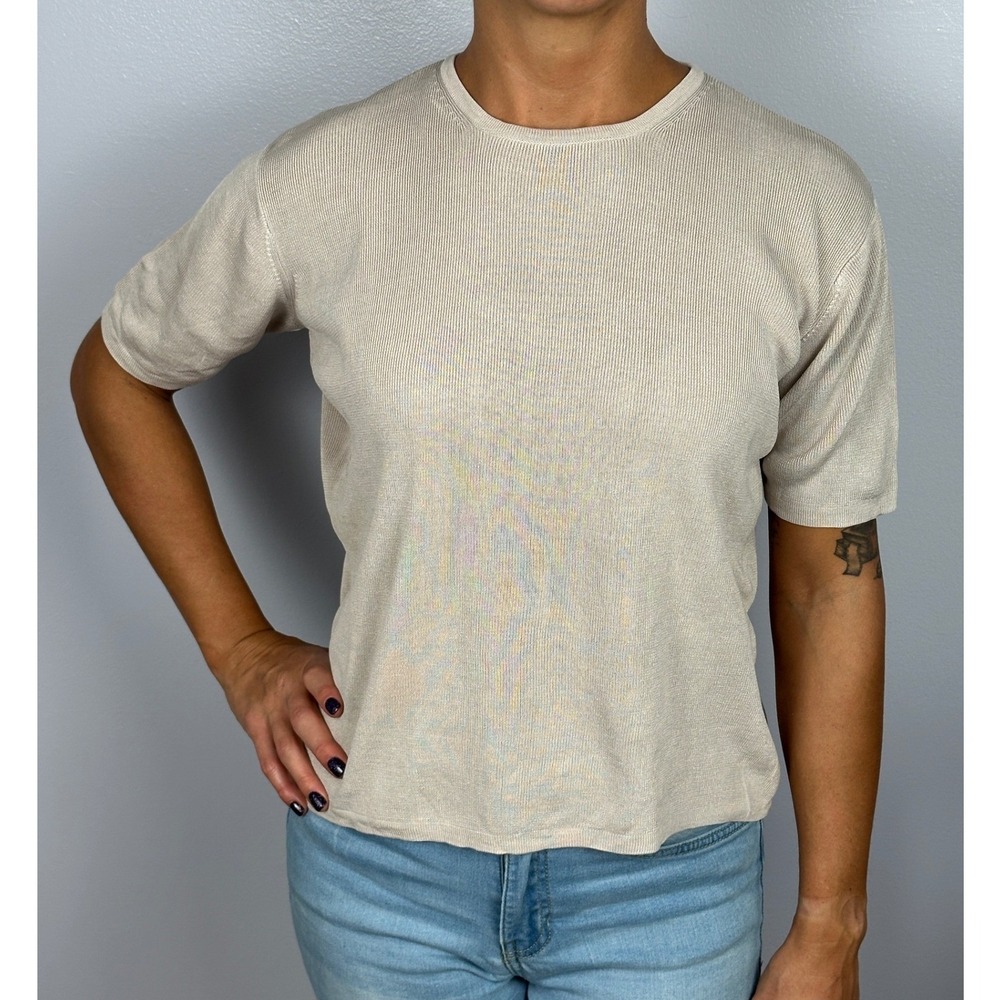 Pendleton Vintage 100% Silk Knit Top Short Sleeve Beige Quality Basic T Size M